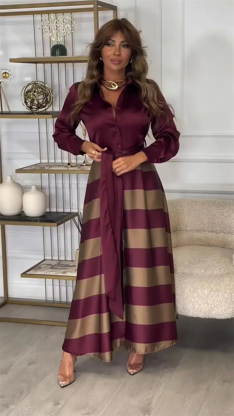 Striped Lace-Up Abaya Dress for Modern Muslim Women